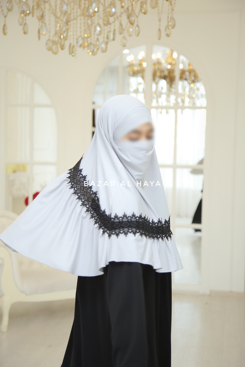 Silver Tieback Ruffle Lace Short Khimar - Soft Cotton