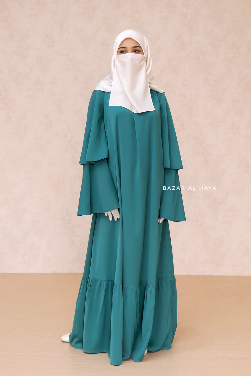 Bushra Dress - Jade Green Layered Ruffle Sleeve Abaya - Premium Sultansha