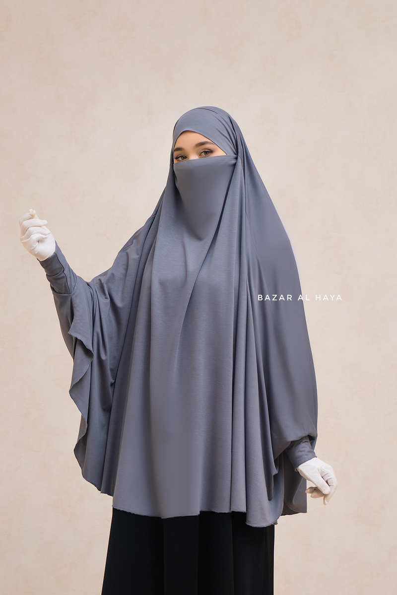 Steel Grey Cotton Abida Khimar With Sleeves - Soft Cotton