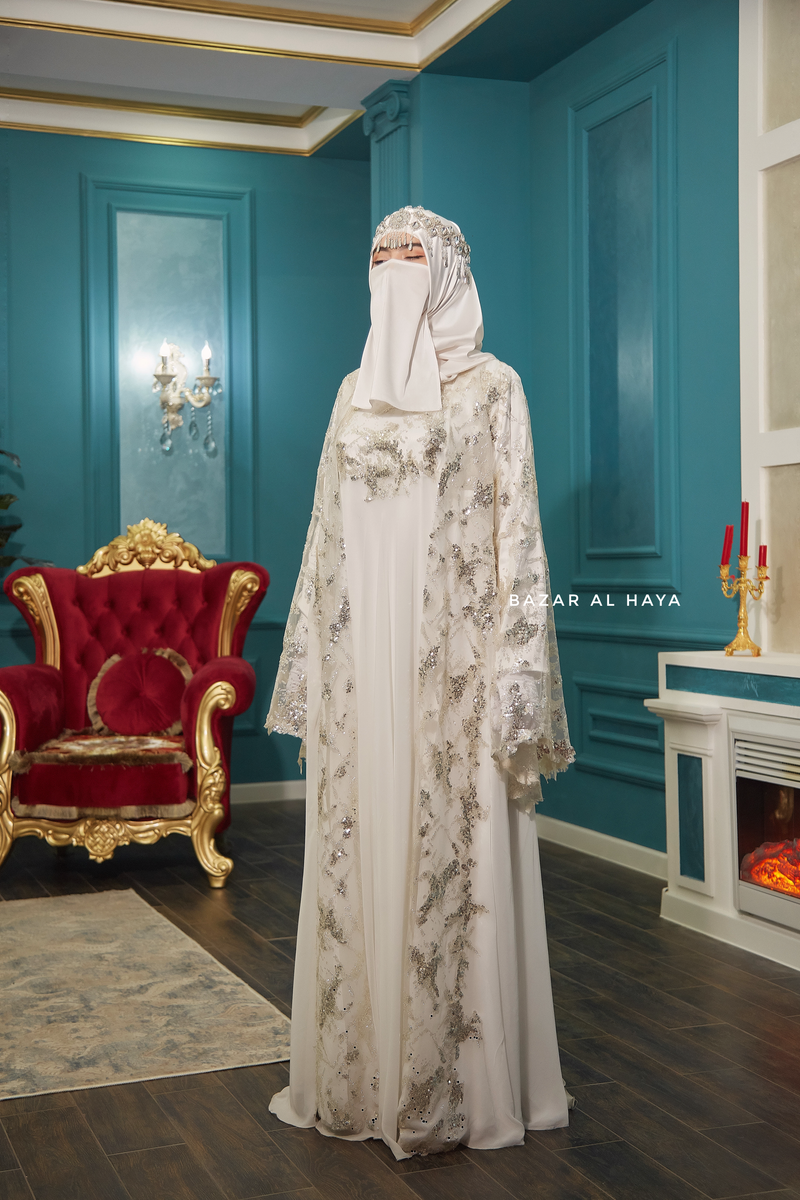 Bridal Gown Zahra Silk & Chiffon Abaya & Lace Cloak Set For Walima & Wedding & Nikkah