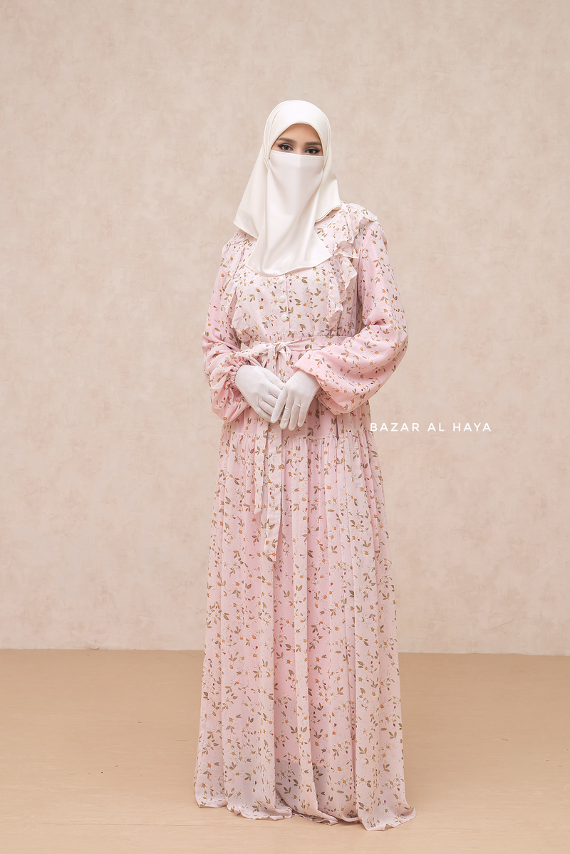 Surayya Pink Chiffon Abaya Dress With Floral Print - Ruffled Design