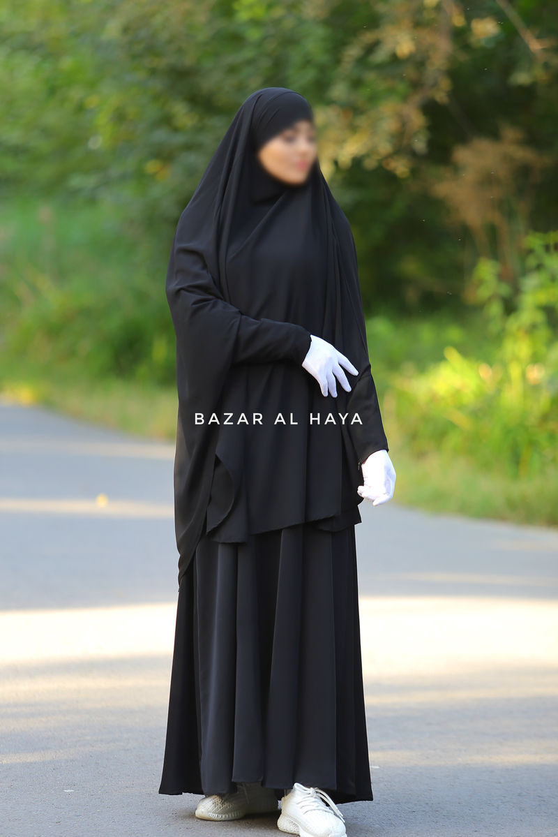 Yasmin Black Two Piece Jilbab With Dress & Khimar - Relaxed Fit, Light, Soft & Breathable