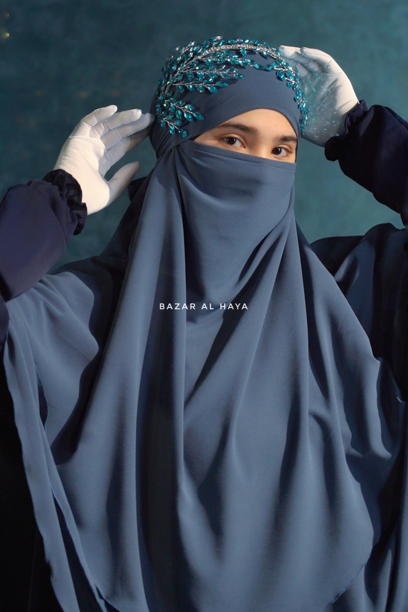 Spruce Blue Aiza Three Layered Diamond Khimar - Premium Stretch