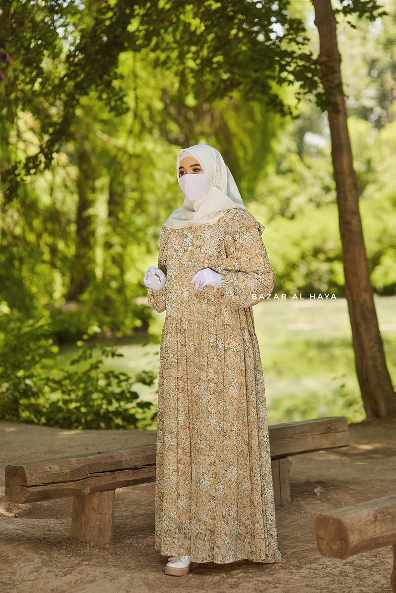 Surayya Almond Chiffon Abaya Dress With Floral Print - Ruffled Design