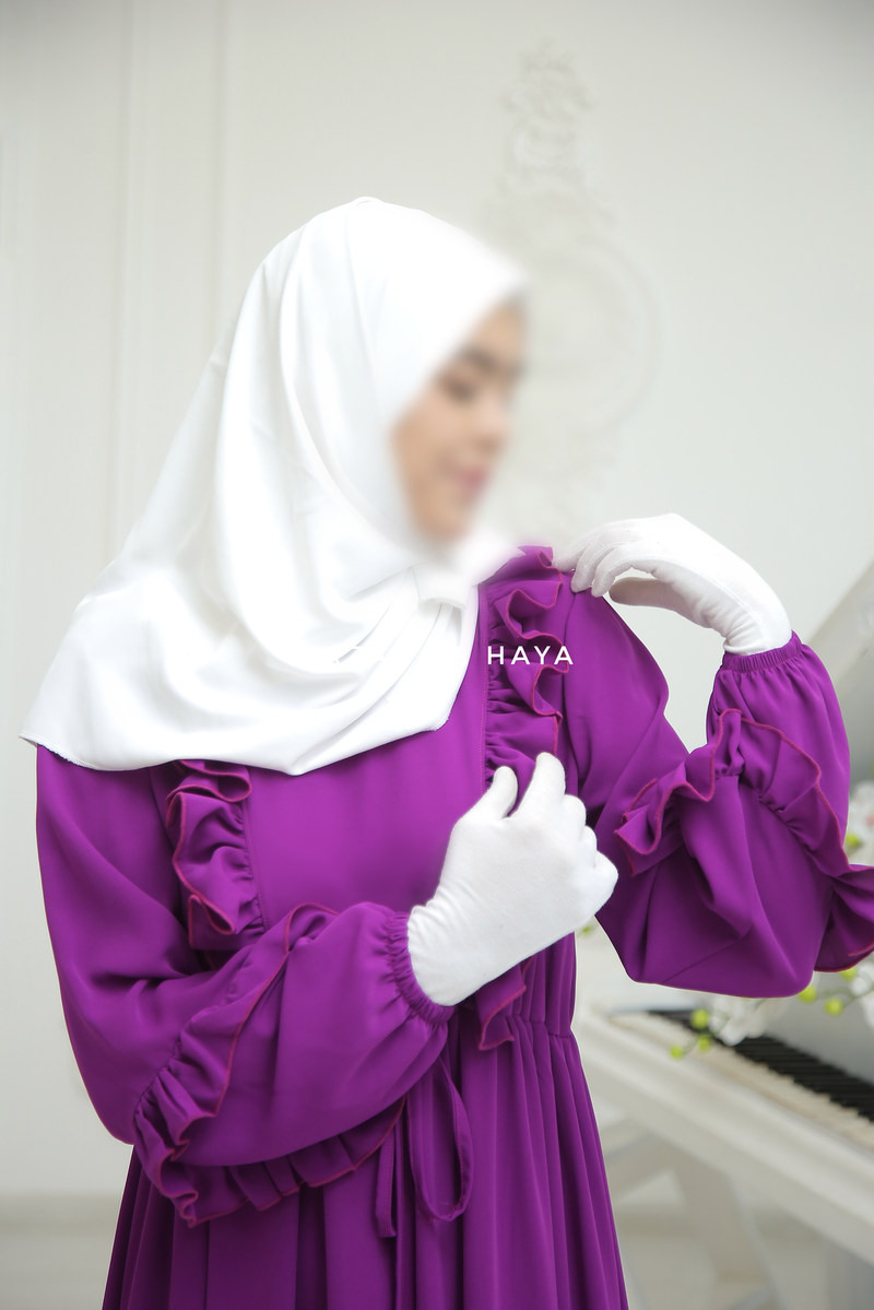 Bright Purple Afsah 3-D Ruffle Embroidery Lightweight Summer Spring Abaya Dress - Soft Breathable Crepe Cotton