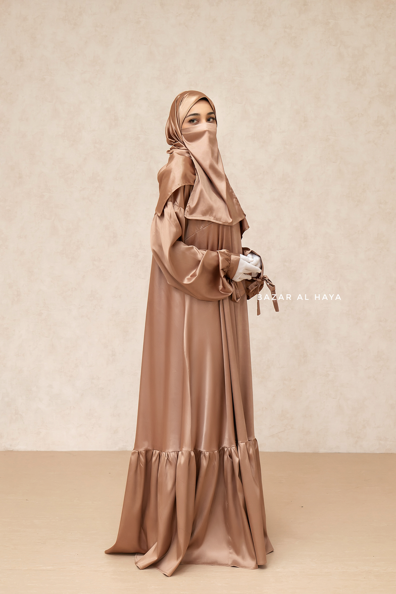 Cappuccino Elegant Shaheen Satin Dress, Scarf & Slip Dress Set - 3 Piece