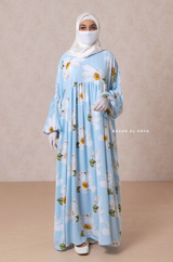 Muna Baby Blue Loose Fit Summer Abaya Dress - Viscose Cotton & Daisy Flower Print