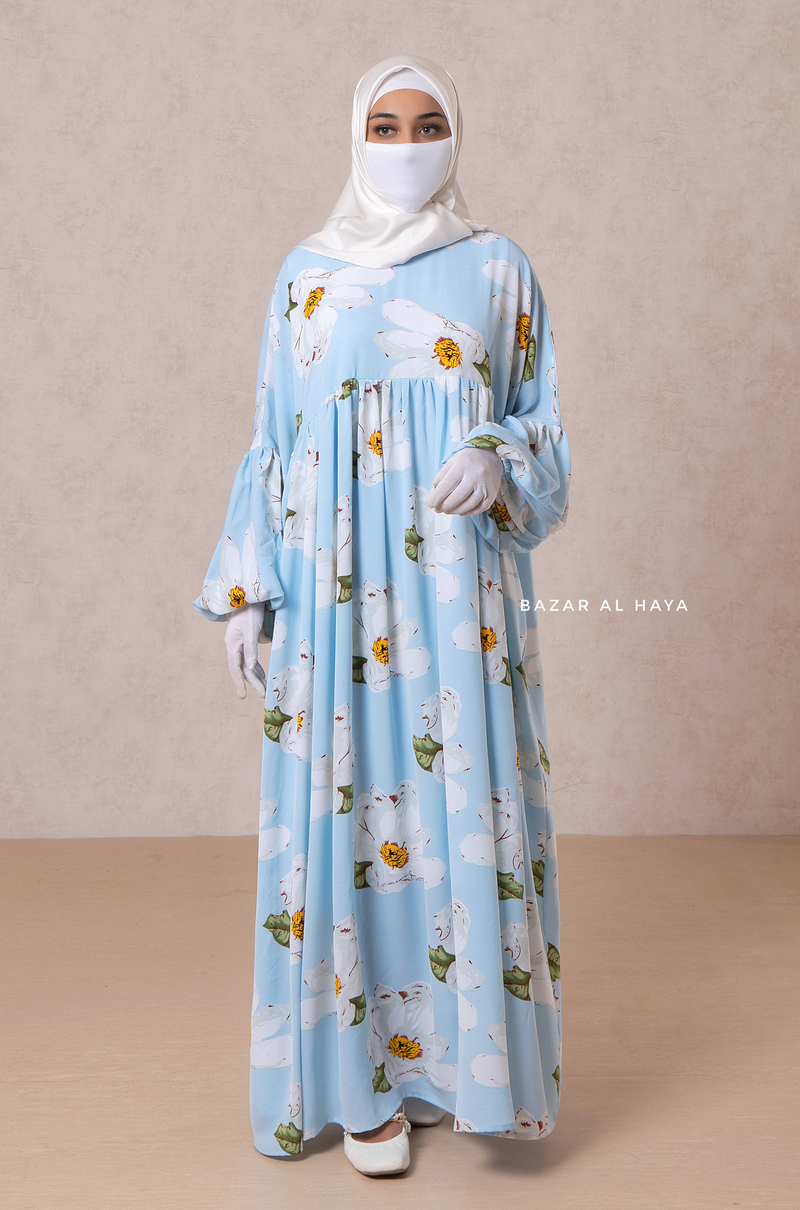 Muna Baby Blue Loose Fit Summer Abaya Dress - Viscose Cotton & Daisy Flower Print