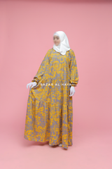 Sadia Yellow & Grey Floral Abaya Dress 100% Cotton Summer Tiered Style With Front Zipper
