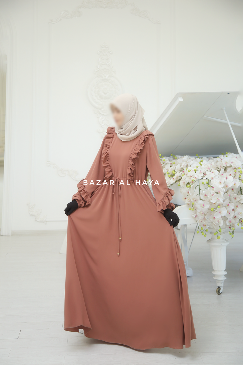 Afsah Capuccino Ruffle Embroidery Lightweight Summer Spring Abaya Dress - Soft Breathable Crepe Cotton