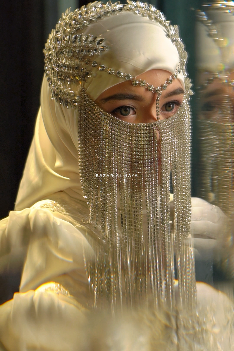 Bazar Al Haya Rhinestone Chain Silver Bridal Face Veil - Handmade