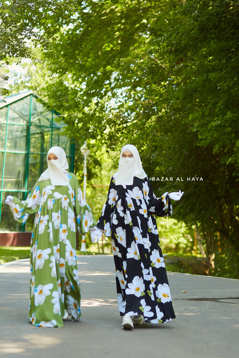 Loose Fit Summer Muna Abaya Dress - Viscose Cotton & Daisy Flower Print