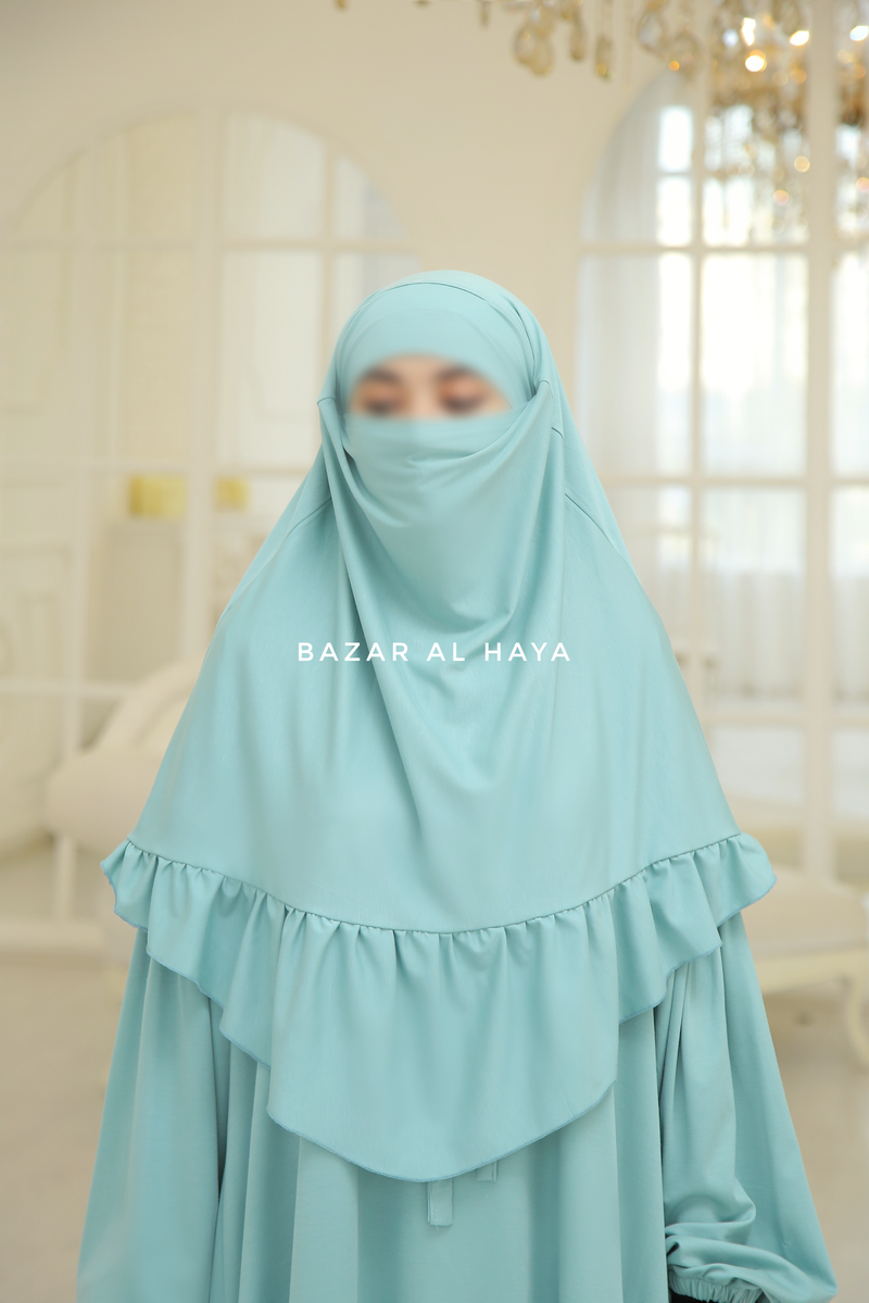 Mint Tieback Ruffle Short Khimar - Soft Cotton