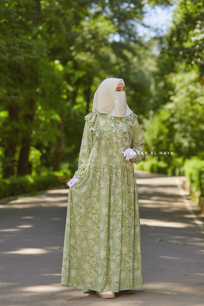 Surayya Kiwi Chiffon Abaya Dress With Floral Print - Ruffled Design