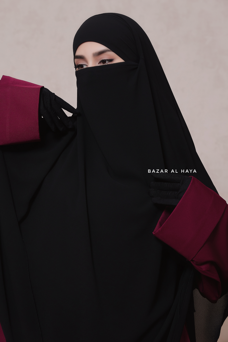 Black Pari Two Layered Maxi Diamond Khimar - Crepe Chiffon