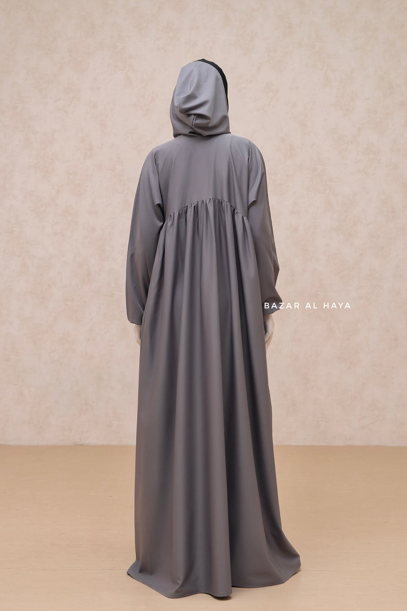 Kalina Grey Hooded Silk Crepe Abaya Dress With Pockets - Mediumweight