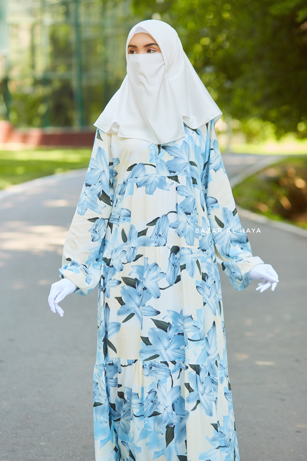 Sadia Ivory/Blue Floral Dress In 100% Cotton Summer Tiered Style Abaya - Front Zipper