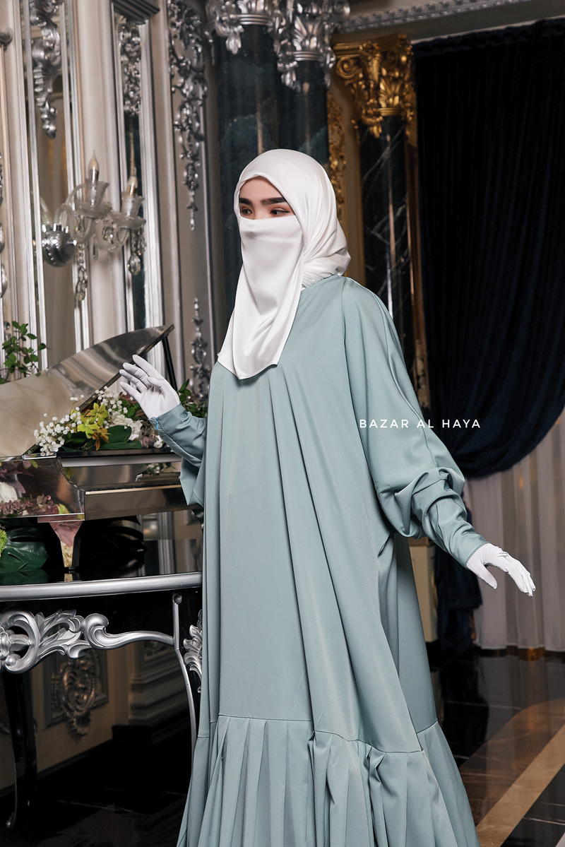 Badra Mint Butterfly Abaya With Flair Bottom & Zipper Sleeves - Silk Crepe