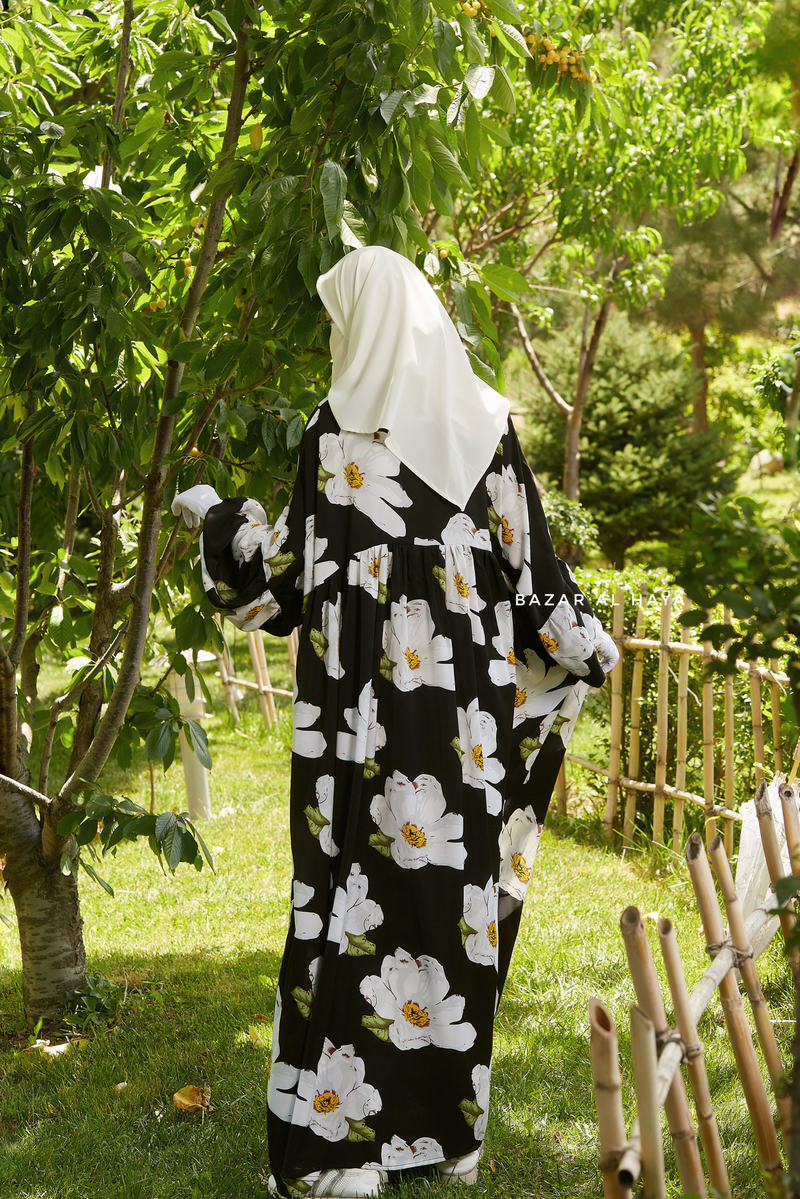 Muna Black Loose Fit Summer Abaya Dress - Viscose Cotton & Daisy Flower Print