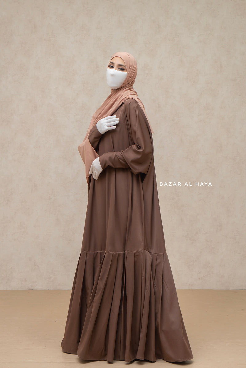 Badra Chocolate Butterfly Abaya With Flair Bottom & Zipper Sleeves - Silk Crepe