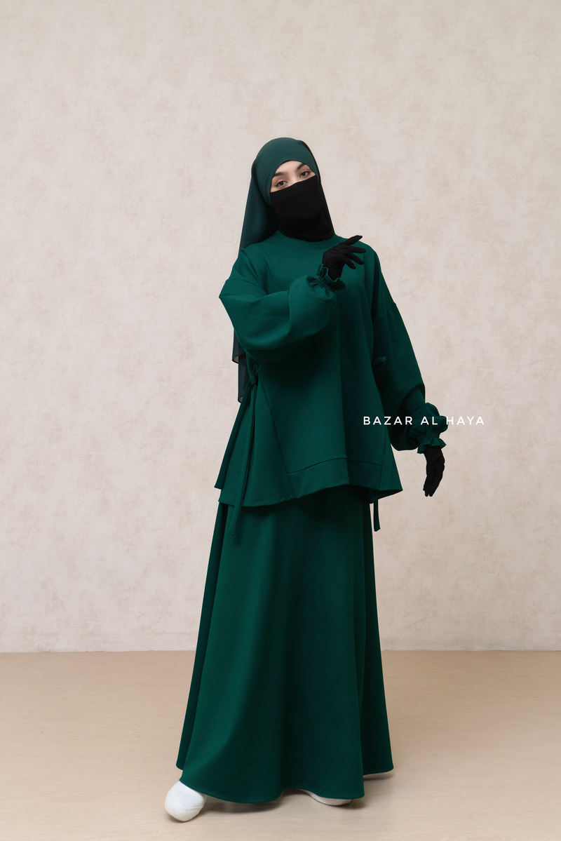 Emerald Elham Two Piece Top & Skirt Set In Cotton - Adjustable Side Straps