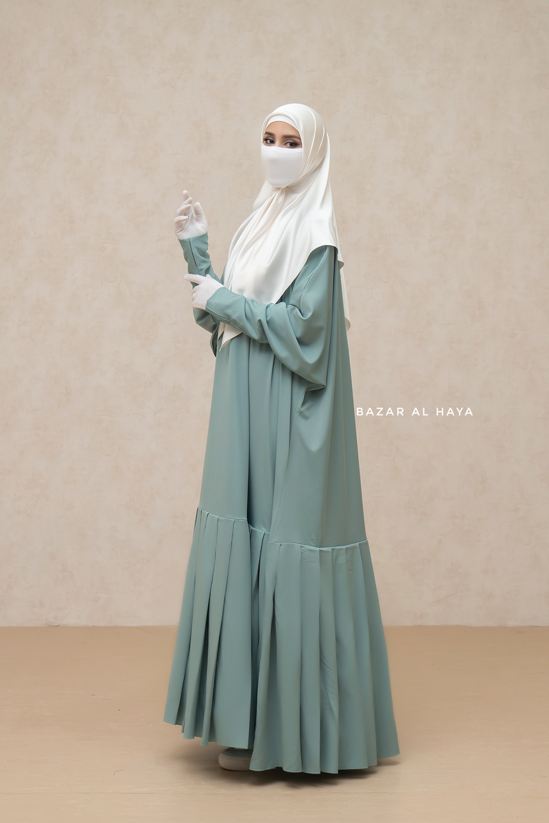 Badra Mint Butterfly Abaya With Flair Bottom & Zipper Sleeves - Silk Crepe