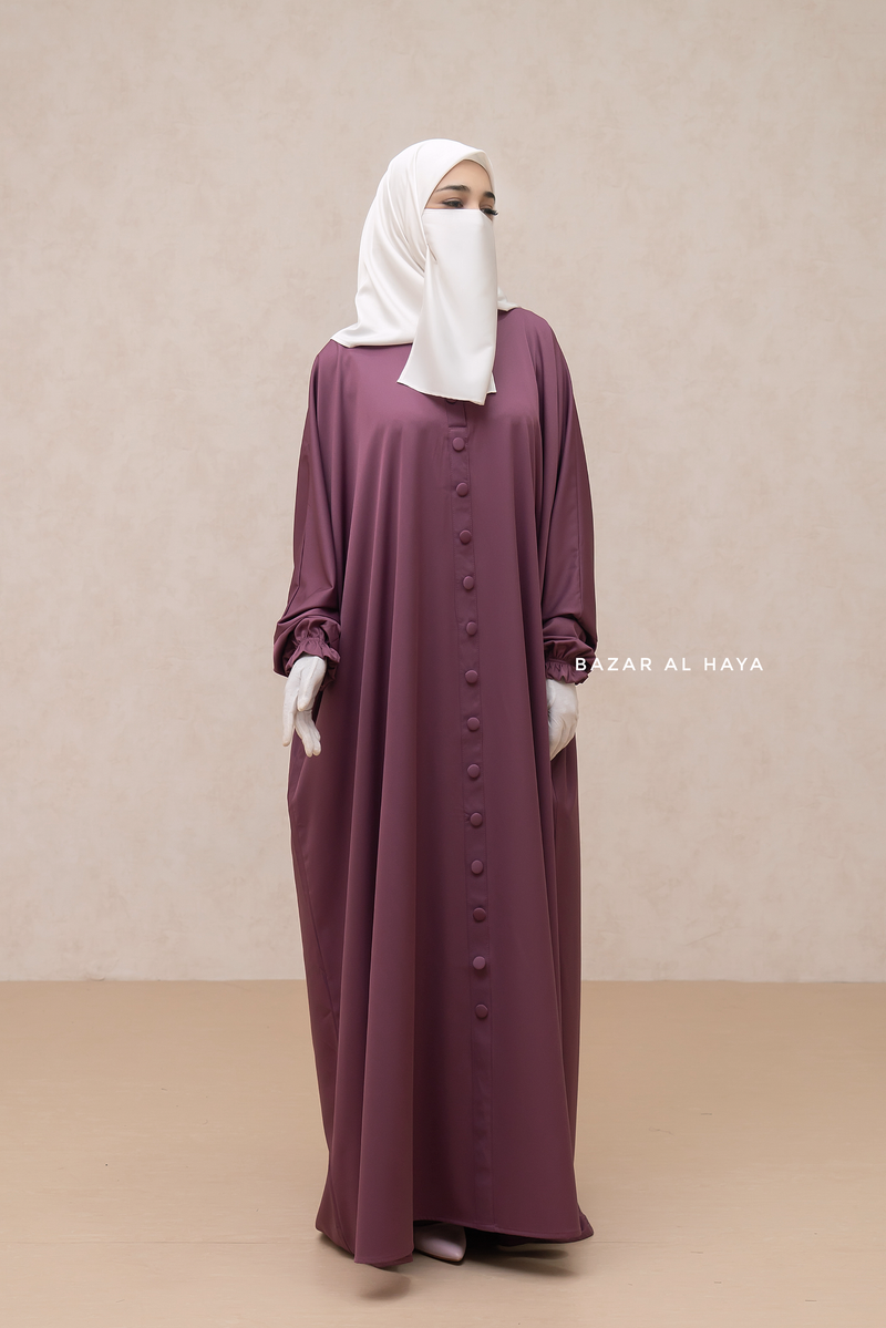 Mauve Safa Loose - Fit Abaya With Button Front - Silk Crepe