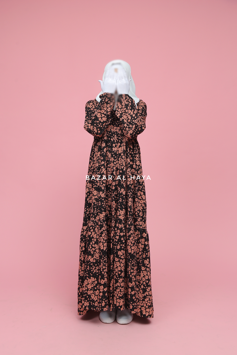 Sadia Black & Pink Floral Abaya Dress 100% Cotton Summer Tiered Style With Front Zipper