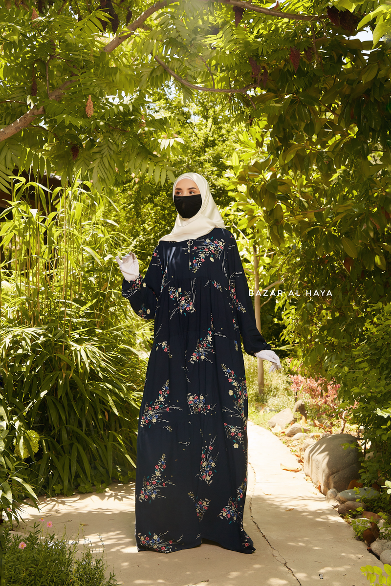 Sadia Dark Midnight Floral Dress In 100% Cotton Summer Tiered Style Abaya - Front Zipper