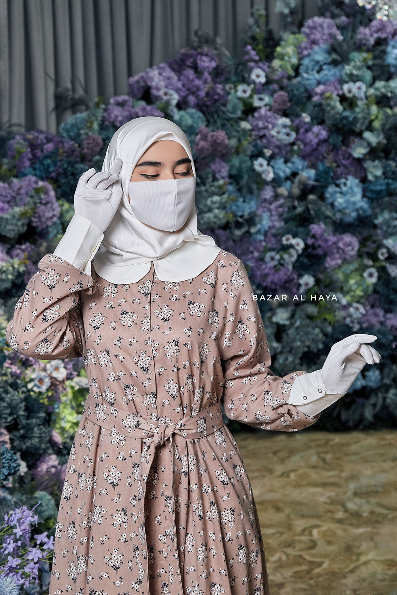 Kamila Taupe Floral Summer Abaya Dress With Belt - Breathable Quality Cotton