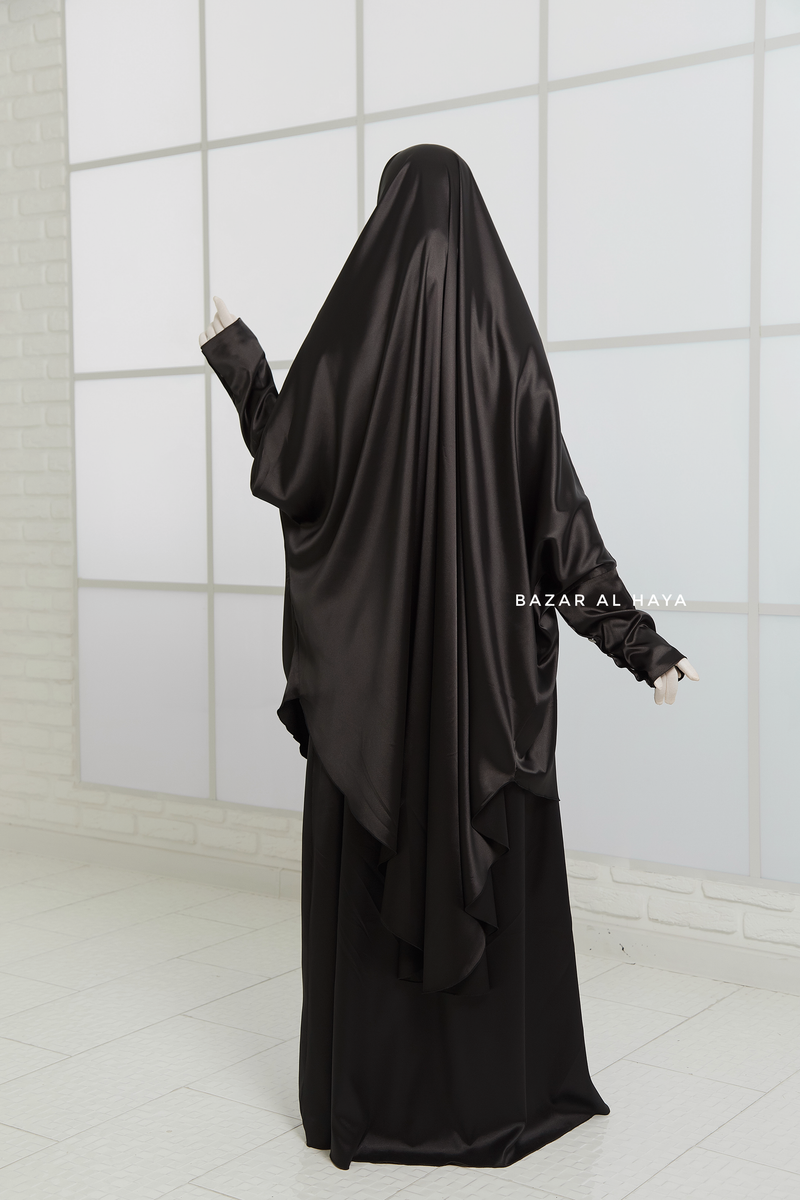 Black Latifa Two Piece Satin Jilbab With Skirt - Long & Loose