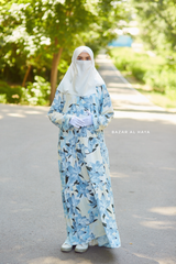 Sadia Ivory/Blue Floral Dress In 100% Cotton Summer Tiered Style Abaya - Front Zipper