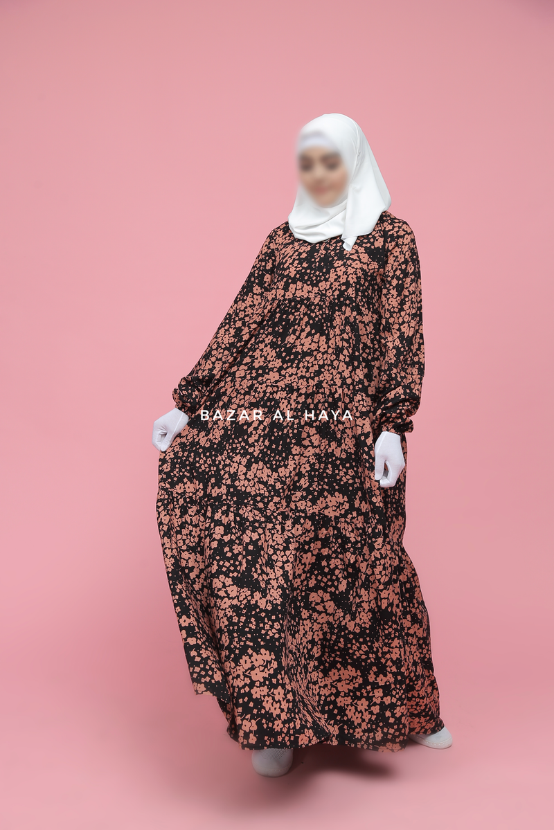 Sadia Black & Pink Floral Abaya Dress 100% Cotton Summer Tiered Style With Front Zipper