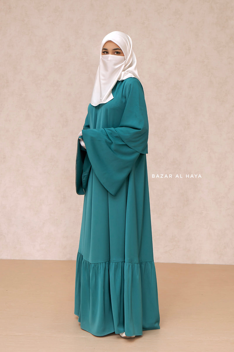 Bushra Dress - Jade Green Layered Ruffle Sleeve Abaya - Premium Sultansha