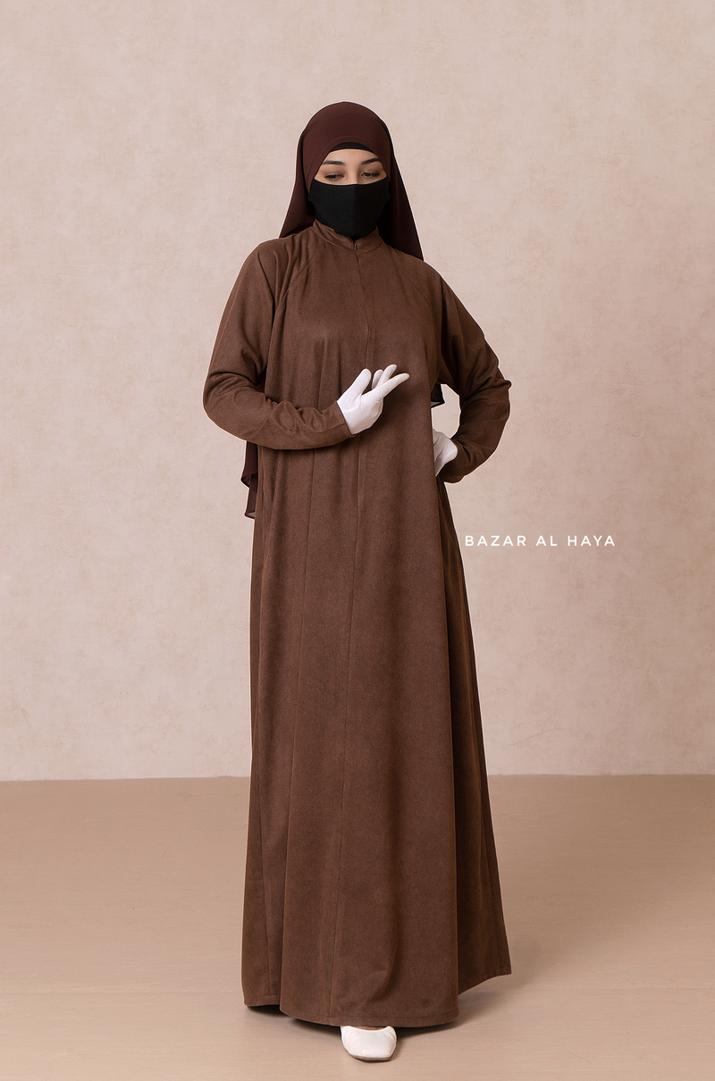 Chocolate Yamina Front & Sleeve Zipper Abaya Dress With Side Pockets - Textured Suede