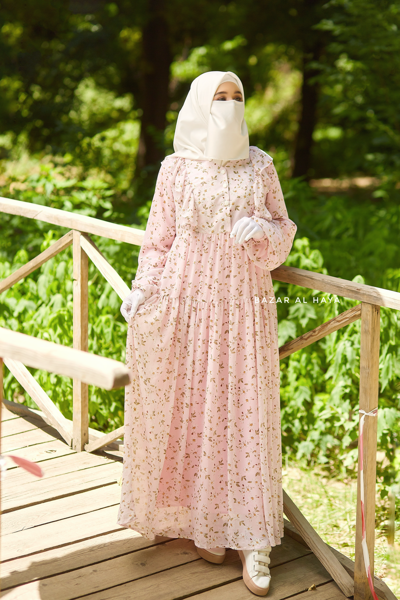 Surayya Pink Chiffon Abaya Dress With Floral Print - Ruffled Design