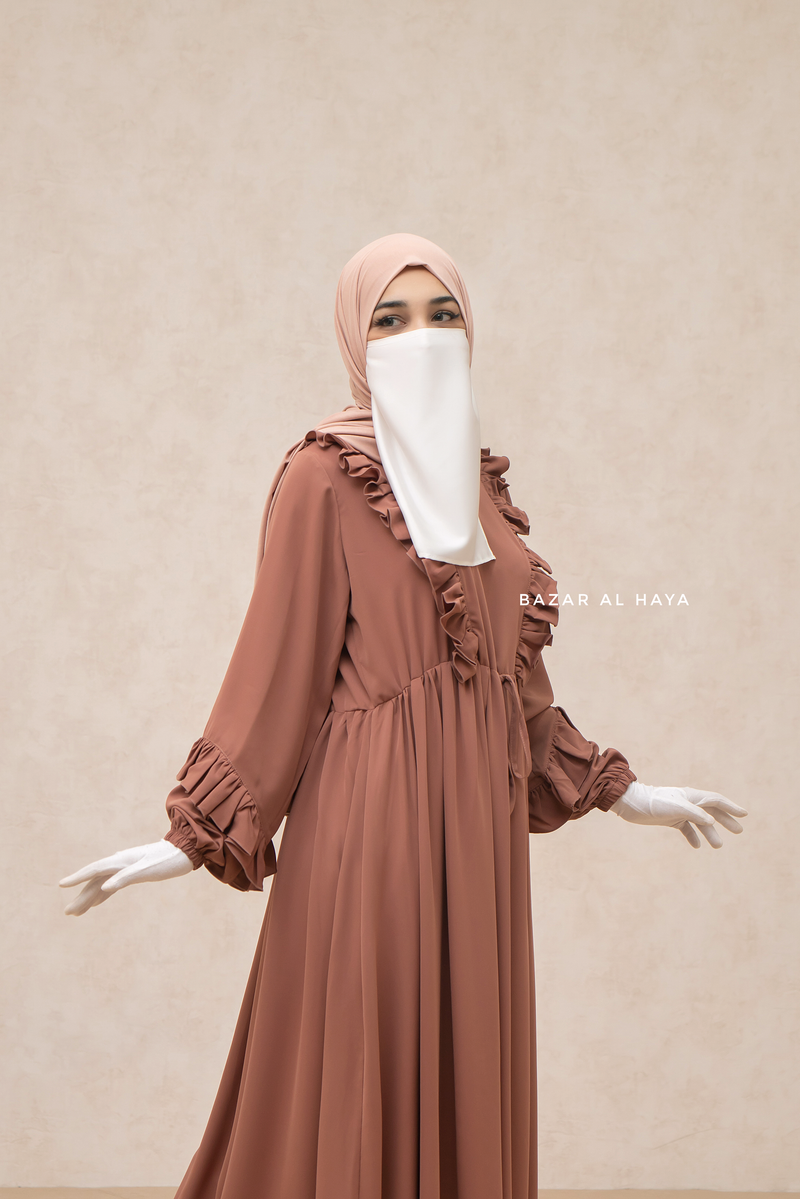 Afsah Cappuccino Ruffle Lightweight Summer Spring Abaya Dress - Soft Breathable Crepe Cotton