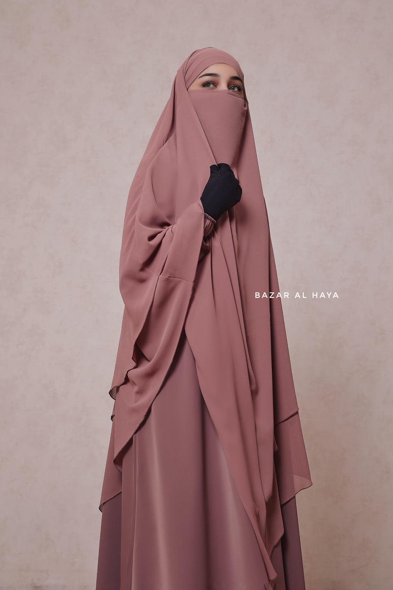 Pari Taupe Rose Two Layered Maxi Diamond Khimar - Crepe Chiffon