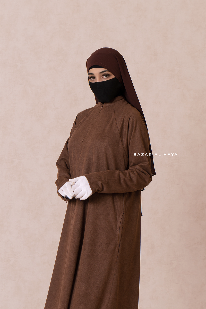 Chocolate Yamina Front & Sleeve Zipper Abaya Dress With Side Pockets - Textured Suede