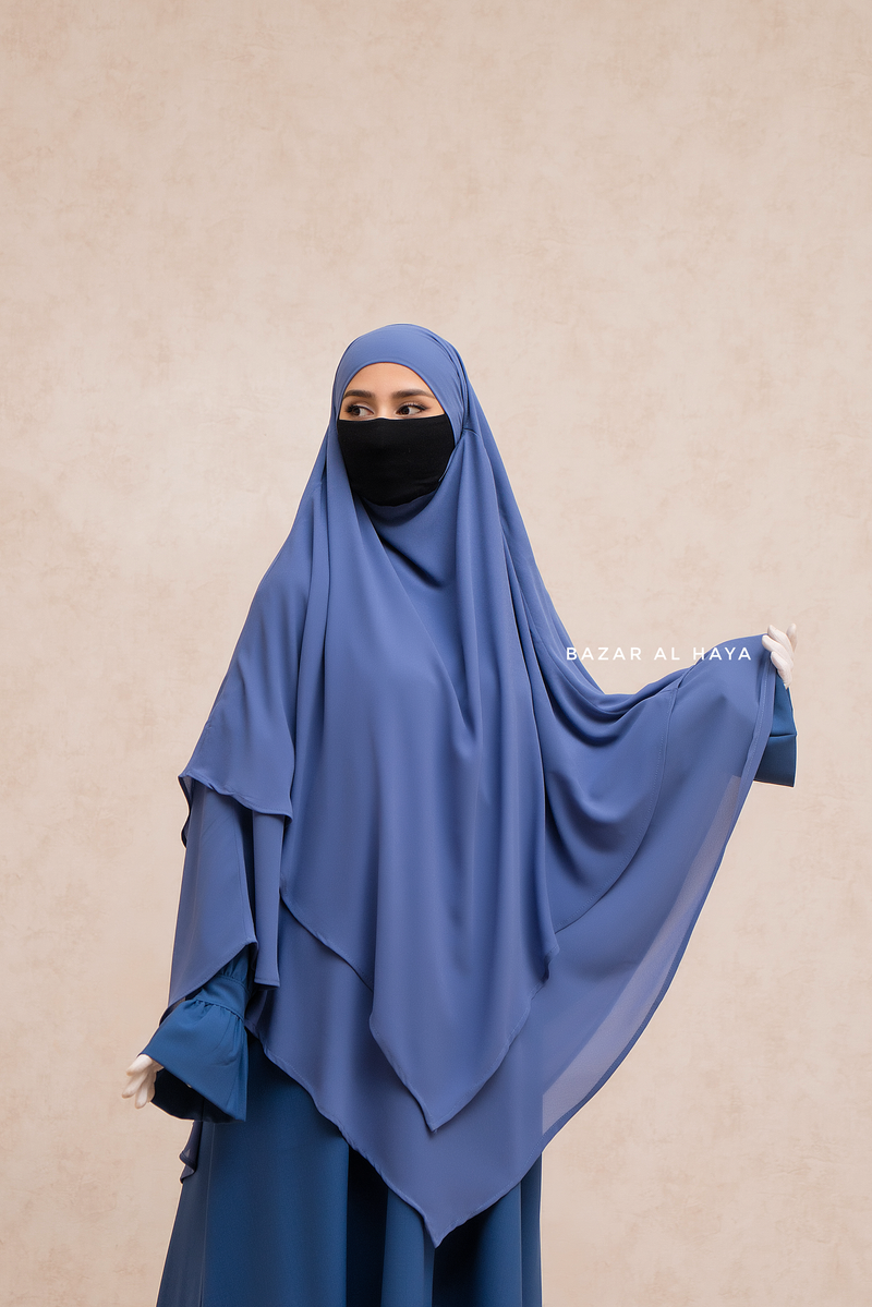 Slate Blue Pari Two Layered Maxi Diamond Khimar - Crepe Chiffon