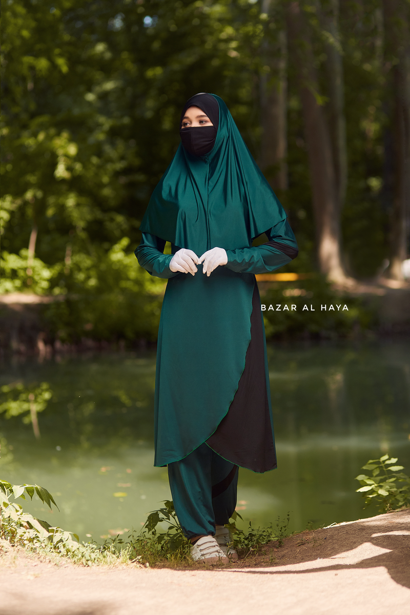 Emerald Modest Swimwear Three Piece Set With Swimdress Khimar Pants Enjoy The Comfort