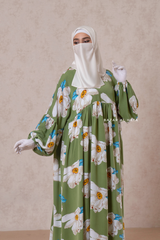 Muna Kiwi Loose Fit Summer Abaya Dress - Viscose Cotton & Daisy Flower Print