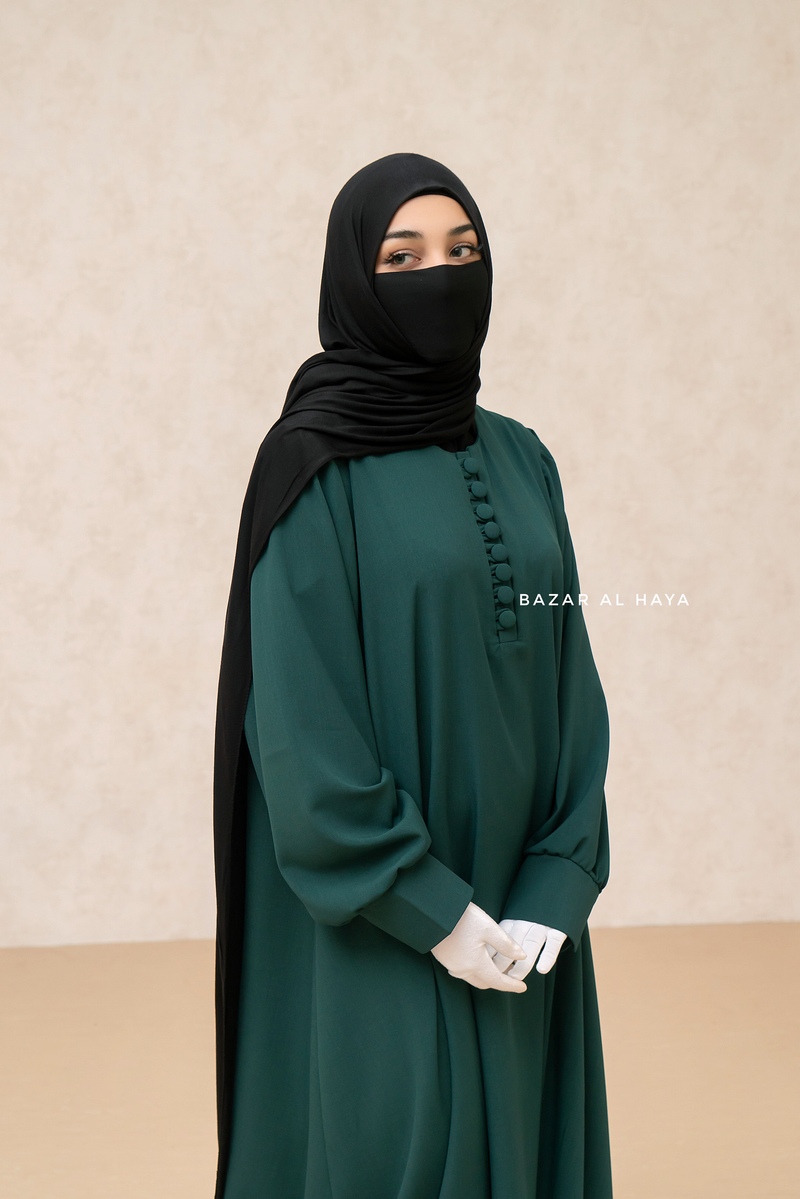 Rania Emerald Green Abaya Dress Half-Placket Button Front & Sleeve - M Bazar Al Haya Rania Emerald Green Abaya Dress Half-Placket Button Front & Sleeve - M Bazar Al Haya