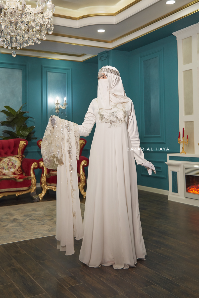 Bridal Gown Zahra Silk & Chiffon Abaya & Lace Cloak Set For Walima & Wedding & Nikkah