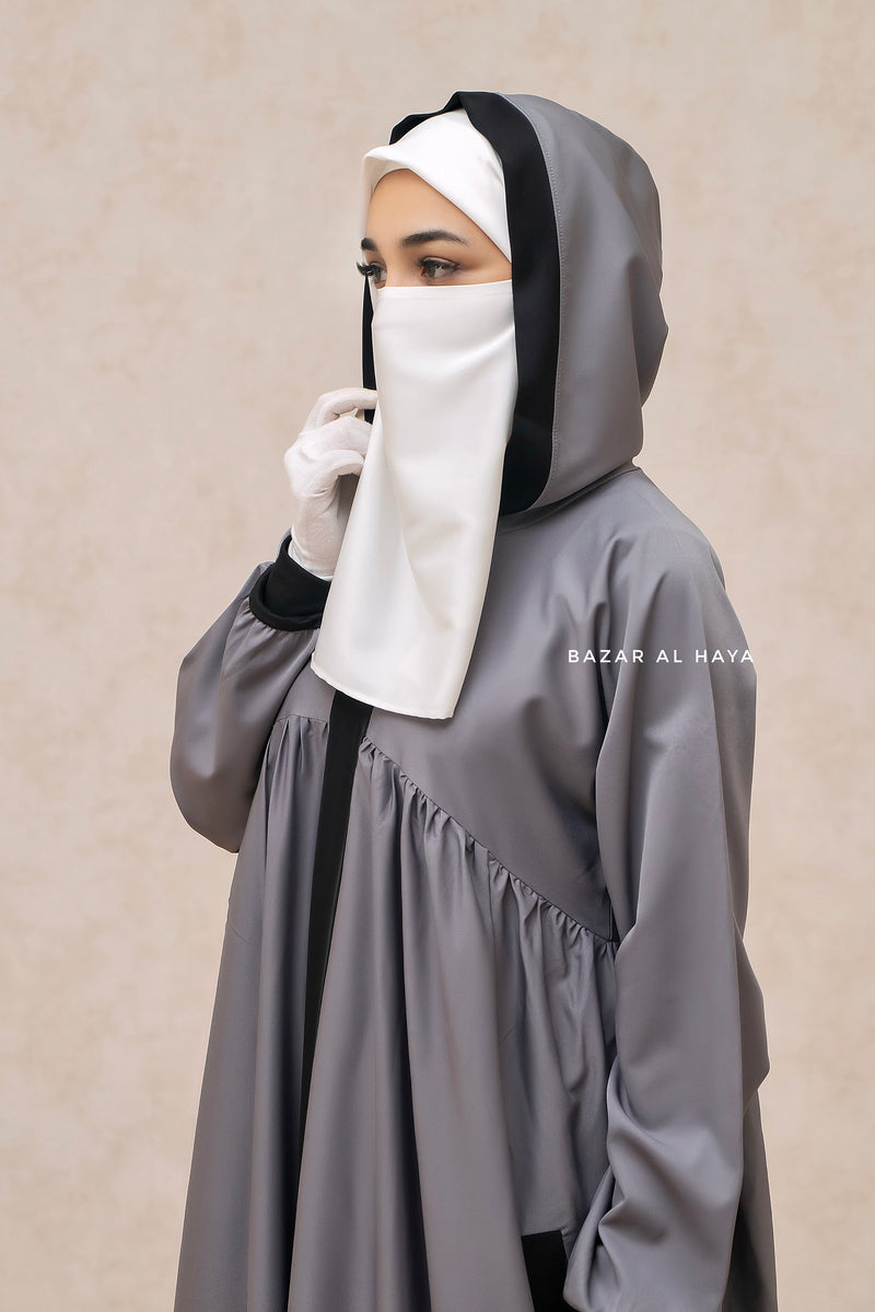 Kalina Grey Hooded Silk Crepe Abaya Dress With Pockets - Mediumweight