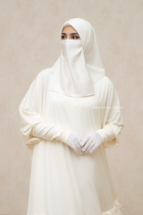 Badra Ivory Butterfly Abaya With Flair Bottom & Zipper Sleeves - Silk Crepe