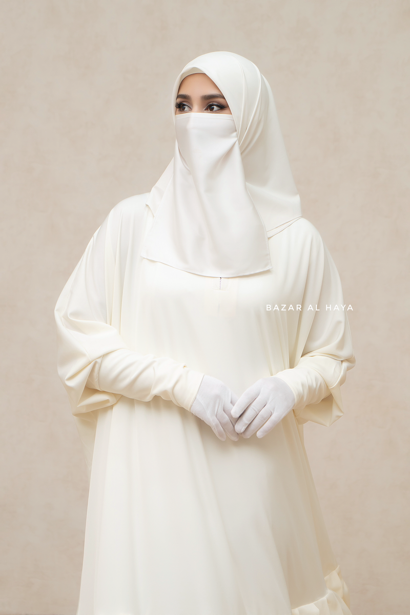 Badra Ivory Butterfly Abaya With Flair Bottom & Zipper Sleeves - Silk Crepe