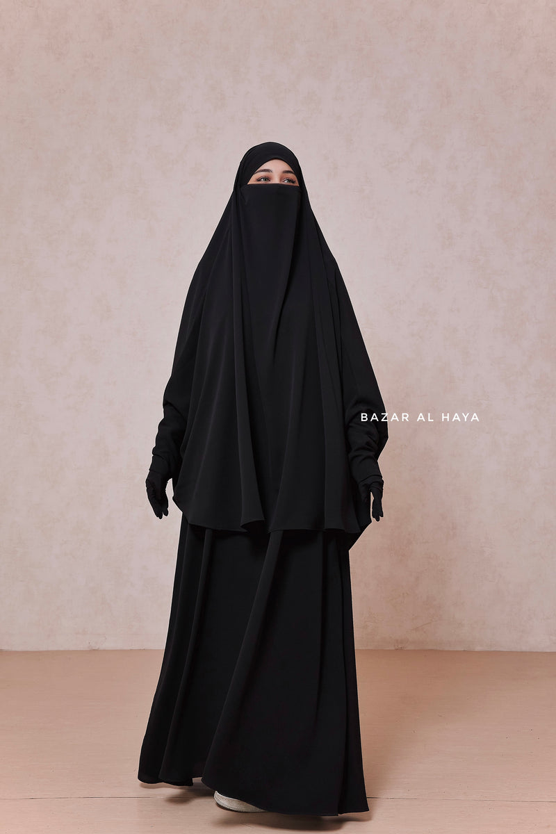 Yasmin Black Two Piece Jilbab With Dress & Khimar - Relaxed Fit, Light, Soft & Breathable