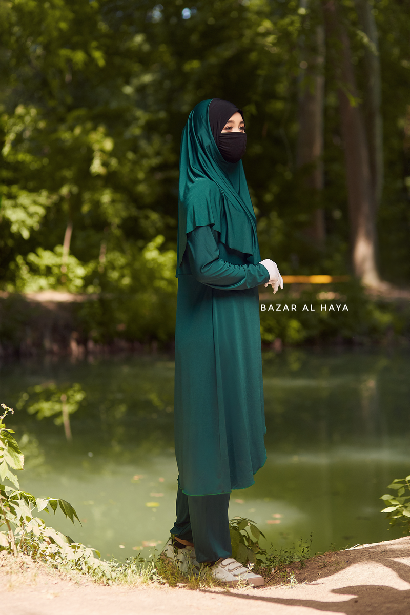 Emerald Modest Swimwear Three Piece Set With Swimdress, Khimar, & Pants - Enjoy The Comfort