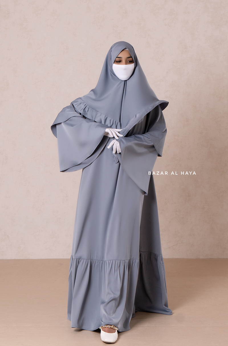 Bushra Dress - Steel Grey Layered Ruffle Sleeve Abaya - Premium Sultansha